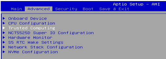 Trusted Computer Menu TPM - PSA6000 Series Windows System Setting